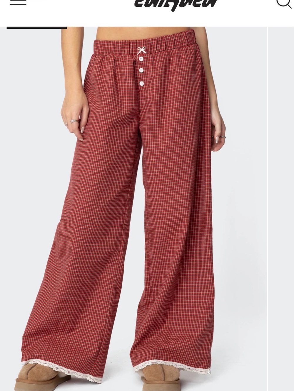 Edikted Dakota Red Plaid Lace-Trim Pants – Size XS